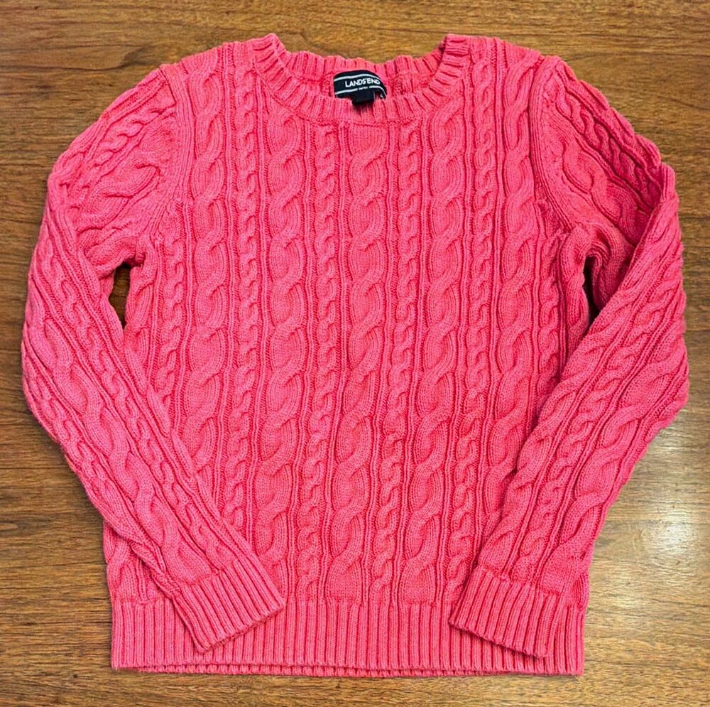 Vintage Lands' End Drifter Cable Fisherman Woman M Pink Sweater Preppy Classic